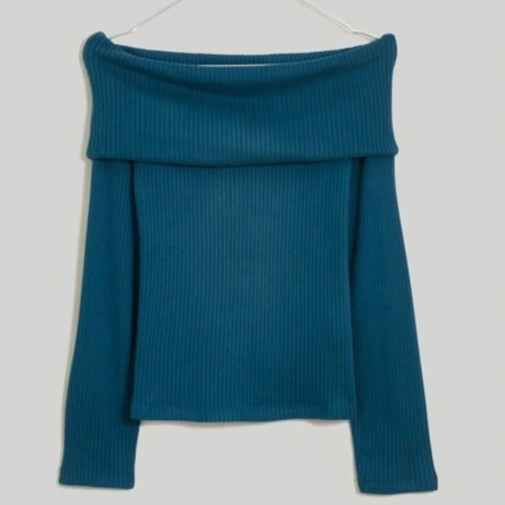 Madewell Ribbed Off-the-Shoulder Top, Teal Blue, Long Sleeve, Soft, Size Large, - Picture 1 of 13